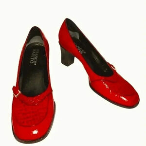 Franco Sarto Red patent Leather Snake Chunky Heel Pump Buckle Y2K almond toe